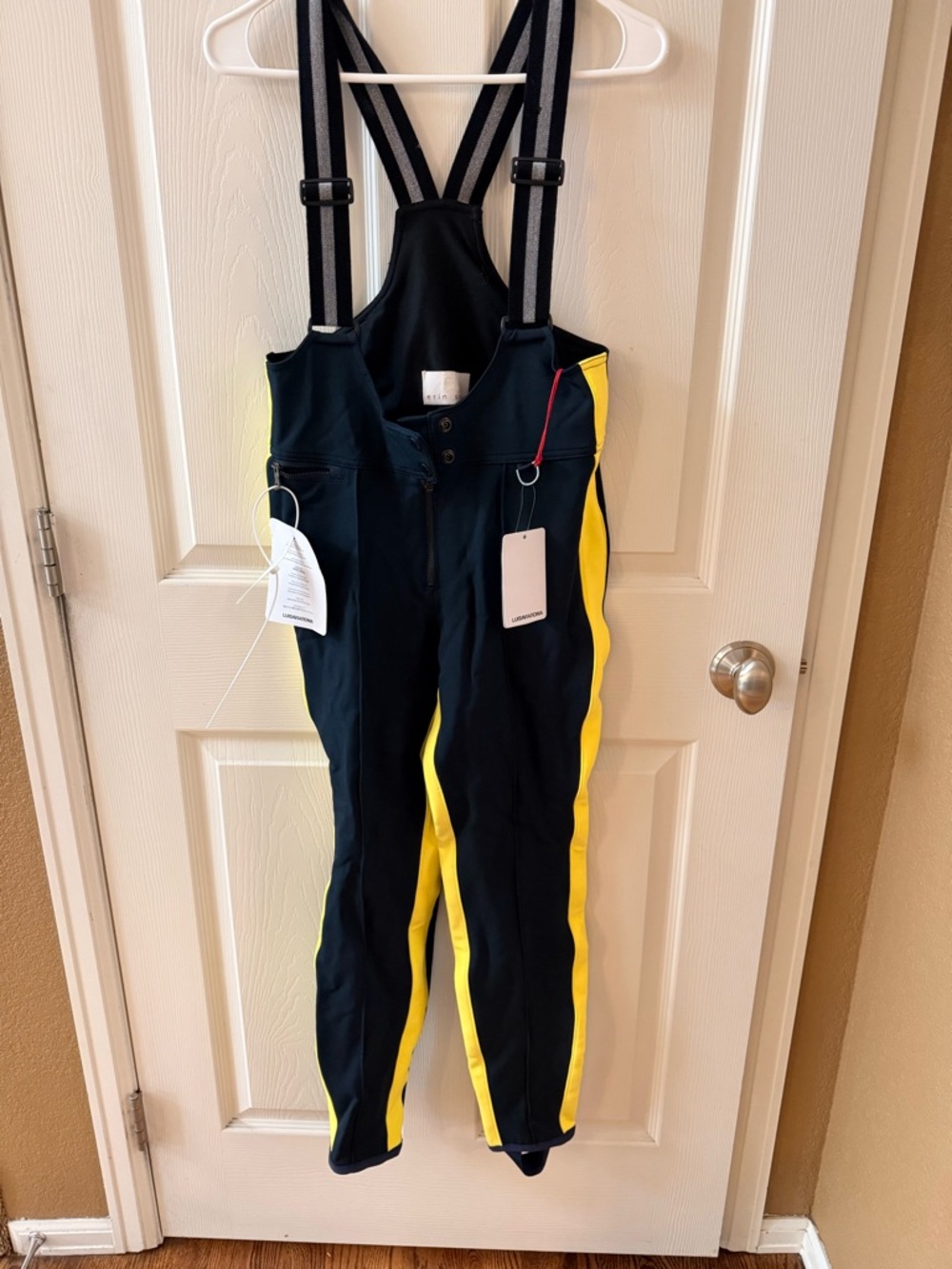 Black and Yellow Women's Track Bib Joggers with Adjustable Suspenders